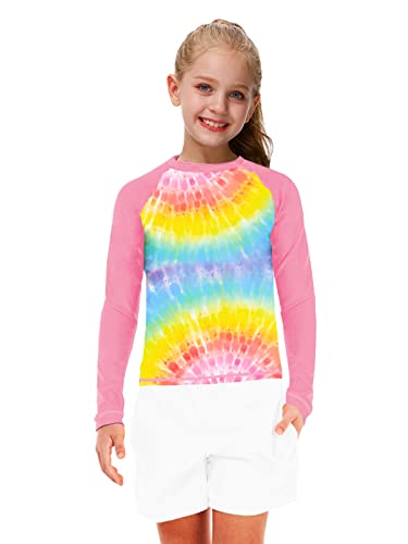 Kids Sun Shirts Long Sleeve Girls Spf 50+ Rash Guard Tie Dye Quick Dry Color Block Loose Pink Swim Shirt 7-8Y #TOP1