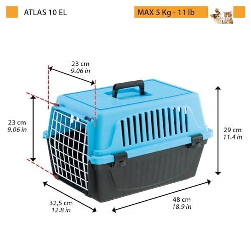 Ferplast Transportbox Katze, Hundetransportbox kleine Hunde und Katzen bis 5 kg, Tür aus plastifiziertem Eisen, Lüftungsschlitze, 32,5x48xH 29 cm, Hartschalen Transportbehälter Atlas 10 EL, Hellblau