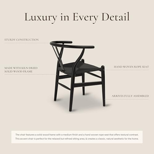 Image of Poly & Bark Weave Dining Chairs - Mid-Century Modern Wishbone Dining Chairs with Arms, Solid Wood Frame, Indoor Use - Pitch Black - Set of 2 - Ideal for Dining Room, Kitchen or Stylish Accent Setting