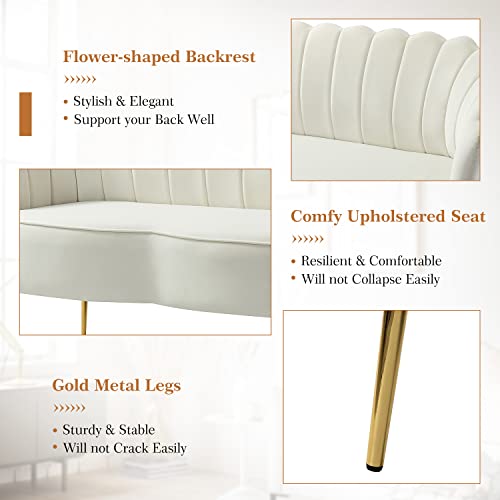 Hulala Home Velvet Loveseat Sofa With Gold Legs, Modern 2-Seater Sofa For Living Room Bedroom, Comfy Upholstered Small Love Seat Couch, Flower Shaped Back, Ivory #TOP5