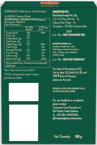 Image of Del Monte Whole Wheat Penne Pasta, 500g | 100% Whole Wheat | Healthy Pasta - No Maida | Gourmet Pasta | High Protein & Fibre | 100% Vegetarian, 0% Cholesterol & Trans Fat