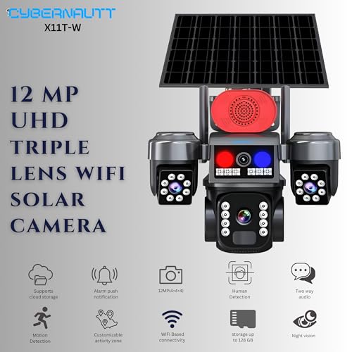 Image of XUGA-Cybernautt X11T-W Triple-Lens WiFi Solar Camera with Three 4MP Lenses, 1080P Full HD, 350 Pan and 90 Tilt Coverage, Wire-Free Solar-Powered Operation, Built-in Siren and Two-Way Audio