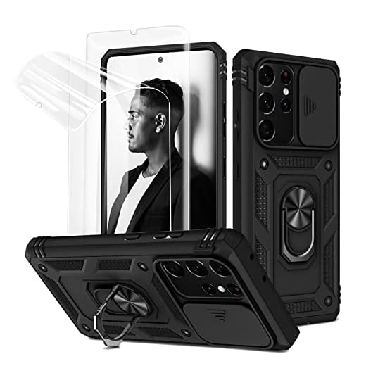 Jeylly Capa para Galaxy S21 Ultra 5G com capa de câmera e protetor de tela, proteção de lente de câmera deslizante e suporte de anel de rotação de 360 graus, capa protetora de corpo inteiro fina à prova de choque com suporte para cartão, preta