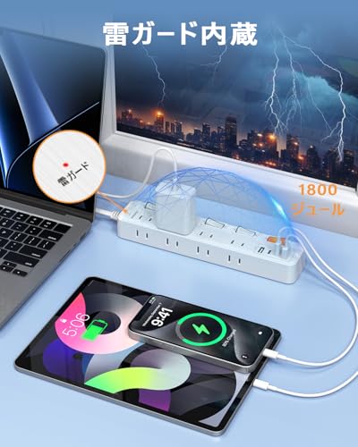 NVEESHOX 電源タップ 2m 8AC口 USB付