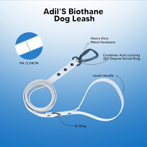 Image of Adil's Biothane Dog Leash - Waterproof Leashes for Dogs, Metal Hook, Adjustable 5ft Length Suitable for Dogs & Puppies, Ideal for Walking, Running & Training (White)