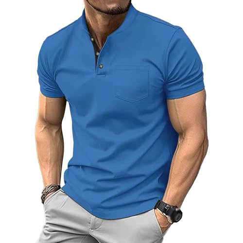 Men Classic Comfy Chest Pocket T-Shirt Quarter Button Relaxed Fit Polo Shirts Summer Business Pullover Tops (Blue,Medium)