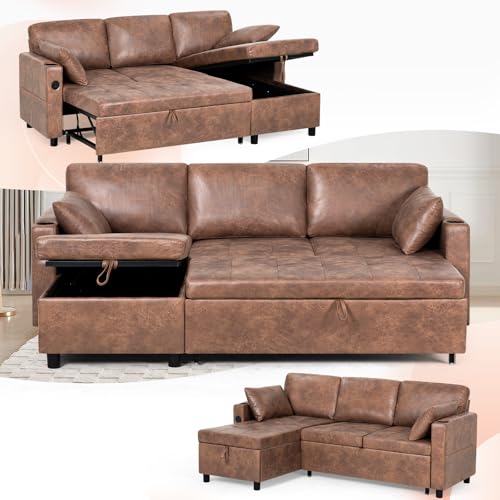 Lesofair 84\" L-Shape Pull Out Sofa Bed with Adjustable Backrest, Upholstered Sectional Sleeper Sofa with Storage Chaise, Suede Leather Reversible Couch Bed with USB Port for Living Room, House, Brown