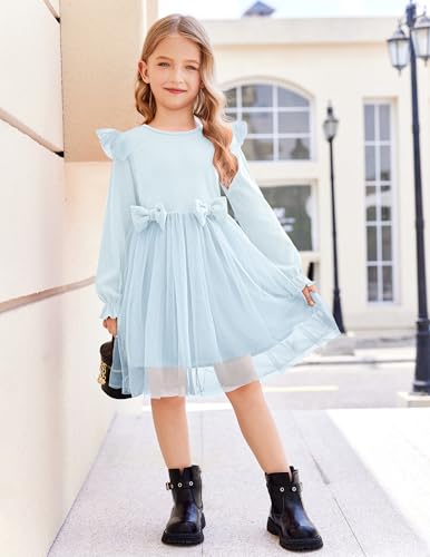 Image of Arshiner Toddler Girls Tulle Dresses with Bow Tie Fall Winter Long Sleeve Formal Party Dress 1-7 Y