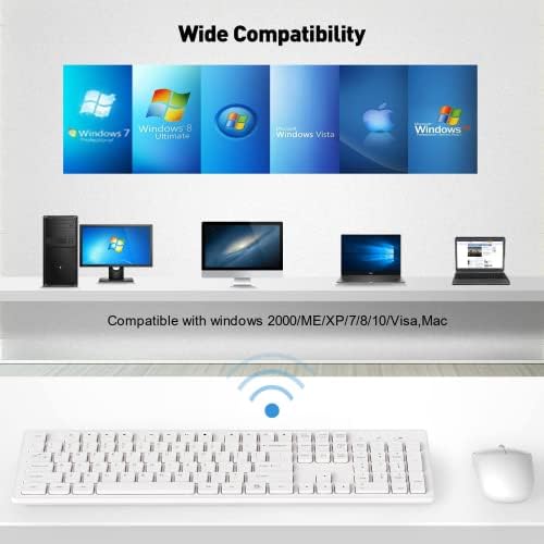Wireless Keyboard and Mouse Set with USB Receiver, Deeliva 2.4GHz Wireless Keyboard Mouse Combo, Full Size Ergonomic Keyboard, Quiet Mouse with 1600DPI, for Windows/PC/Chromebook/Laptop/Computer-White