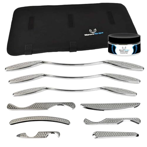HawkGrips, Platinum Massage Therapy Set with Fragrance-Free Emollient 8oz, Stainless Steel, Includes Nine Massage Therapy Instruments (HG1-HG9), Roll-Up Case, Shoulder Bar, and Digital User Manual