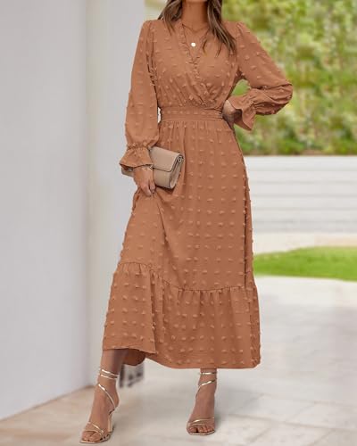 BTFBM Women Fall Maxi Dresses 2025 Long Sleeve V Neck Swiss Dots High Waisted A-Line Ruffle Boho Long Dress Vacation(Khaki,XX-Large) — view 3
