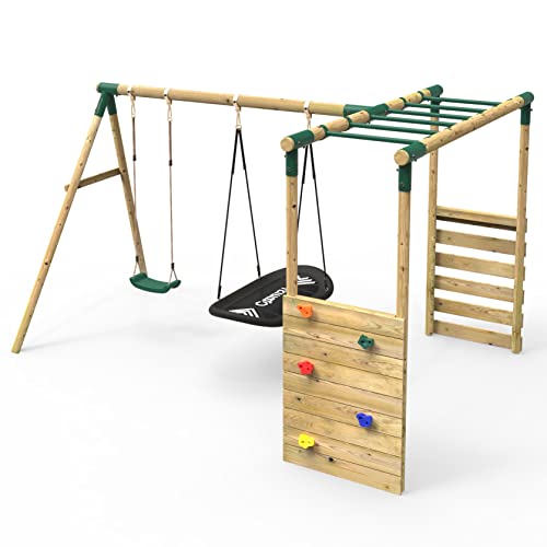 Rebo® Wooden Garden Swing Set with Extra-Long Monkey Bars Attachment - Sage Green | OutdoorToys | Kids' Outdoor Wooden Play Equipment for Gardens, Frame and Accessories Included, Weather Resistant