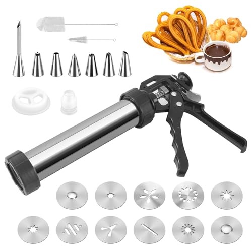 CISSIYOG Churrera Profesional de Acero Inoxidable, Set para Repostería con 11 Cortadores y 7 Boquillas, Máquina para Hacer Churros y Porras para Uso Doméstico