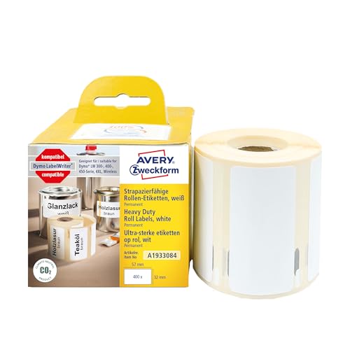 AVERY Zweckform A1933084 Dymo LabelWriter wetterfeste Etiketten kompatibel zu 1933084 (57x32mm, 1 Rolle|400 Kunststoff Aufkleber, selbstklebend, für LW Dymo Etikettendrucker, Beschriftungsgerät)