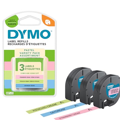 Etykiety pasteloweLetraTag firmy DYMO | Autentyczne | Rolka 12 mm x 4 m | Pistacjowa zieleń, jasnoniebieski i różowy | Samoprzylepne etykiety uniwersalne do metkownic LetraTag | 3 szt.