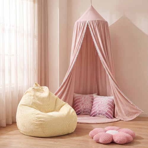Image of 5 Pcs Reading Nook Set for Kids, Kids Reading Corner Decor with Bean Bag Chair Cover & Throw Pillow Cover(No Filler) Canopy and Flower Pillow for Bedroom Playroom Nursery(Pink)