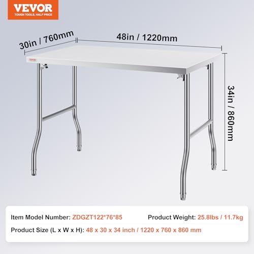 Image of VEVOR Stainless Steel Foldable Work Table, 48 * 30 Inch Heavy Duty Food Outdoor Stainless Steel Worktable for Commercial Kitchen Restaurant