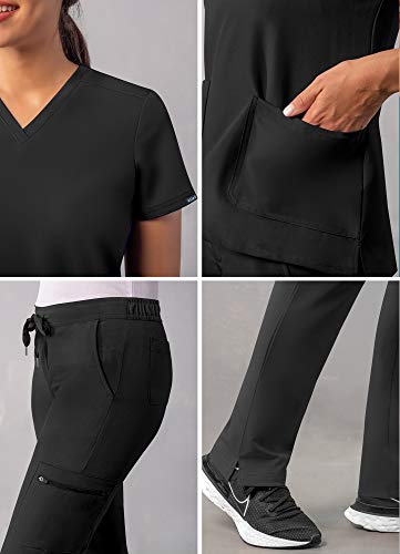 Adar Addition Go-Basic Scrub Set For Women - Slim V-Neck Scrub Top & Skinny Cargo Scrub Pants - A9200 - Black - M #TOP3