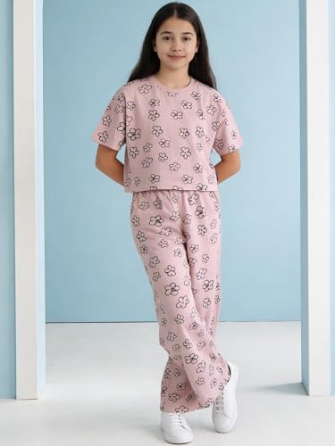 Image of Li'l Tomatoes Girls Cotton Night Suit Set | 100% Cotton Summer Co-Ord Set | Half Sleeve T-Shirt & Full Length Pajama | Soft & Breathable Printed Clothing Set | 9-16 Years