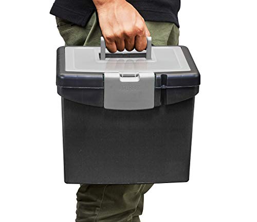 Storex Portable File Storage Box With Translucent Organizer Storage Lid- Plastic Office File Storage Box For Letter Paper And Hanging Folders, Black, Model Number: 61504A01C #TOP3