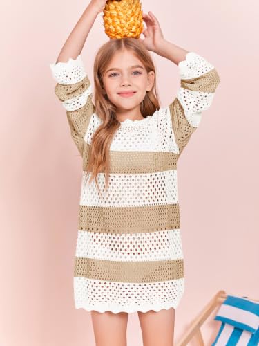 Image of Batermoon Girls Crochet Long Sleeve Swimsuit Cover Up Kids Fashion Hollow Out Swimwear Beach Dress 5-14 Years