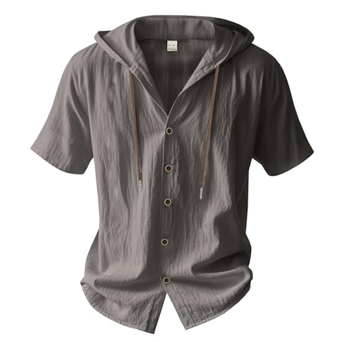 Mens Linen Hooded Shirts Short Sleeve Button Down Solid Loose Fit Lightweight Summer Beach Casual Tops 20253