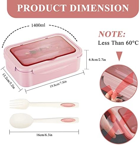 Bento Box-Food Grade PP5 Material Bento Box, High Temperature Resistant, Keep Warm, Easy to Carry, 1400ML Lunch Pack Box with 3 Compartments Grid and Cutlery