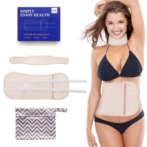 Poyday Castor Oil Pack Wrap: 3Pcs Cotton Castor Oil Wrap Reusable for Liver Detox & Thyroid Neck Adjustable Compress Pads Kit Less Inflammation Constipation - No Organic Oil (Khaki*3)