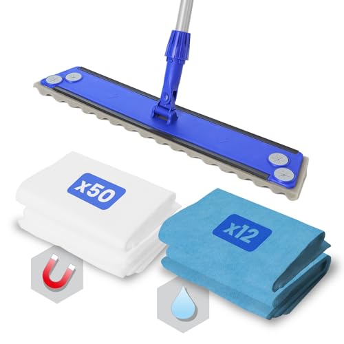 BLANCO PLATA - Pack de Mopa de Limpieza Suelos Palo+ Soporte +Recambio 50 gasas atrapapolvo Limpieza en seco + Recambio 12 mopas Microfibra Limpieza en húmedo. Todo Tipo de Suelos.
