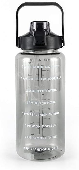 Motivational 64 oz Gym Sports Clear Plastic Drink Water Bottle with Time Marker & Straw (Black)