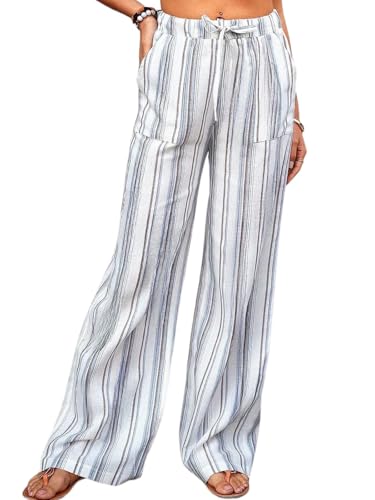 ELFTOWN Women's Striped Pants Drawstring High Waist Long Palazzo Pants Loose Wide Leg Trousers with Pockets