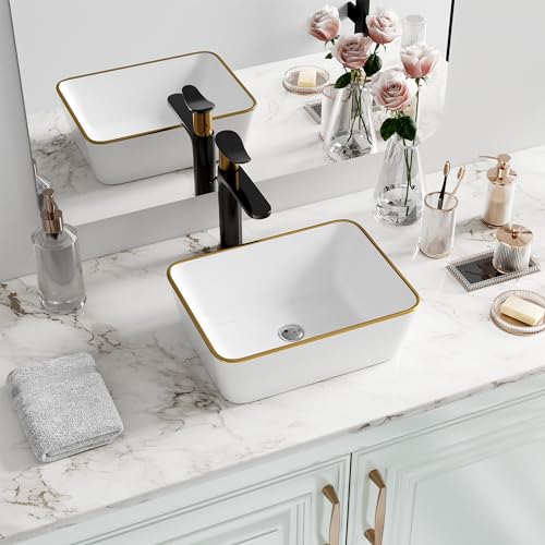 La Mejor Recopilación de Lavabos con borde del mes. 42 Hugelegant - Fregadero rectangular de porcelana blanca de 40,6 x 30,5 cm, con borde dorado sobre el mostrador, rectangular, lavabo de baño, lavabo, lavabo de cambiador y encimera