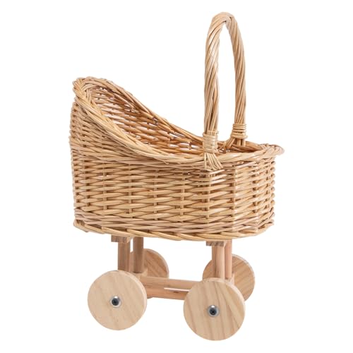 Vintage Woven Rattan Baby Carriage Basket Handcrafted Wicker Stroller for Baby Shower Flower Girl Basket Baby Things Rustic Home Decor Photography Props Floral Arrangements (Small)