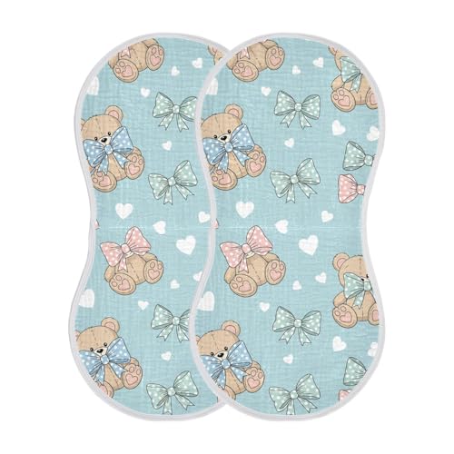 2 Pack Muslin Burp Cloths Teddy Bear Bow Blue Cotton Baby Burp Cloths Ultra Absorbent and Soft Thick Burping Cloth for Newborn Babies Boys Girls, Large 22