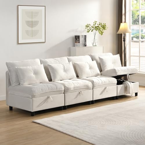 BXEYXE Sofá modular de nubes: sofá modular separable de 4 plazas: combinable+espacio de almacenamiento bajo todos los cojines del asiento+función de sueño+funda de chenilla, diseño de espacio libre