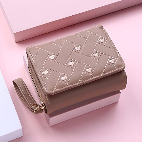 Embroidered Heart Small Wallet Credit Card Holders Cute Zipper Purses Slim Short Wallet for Women Girl,Khaki3