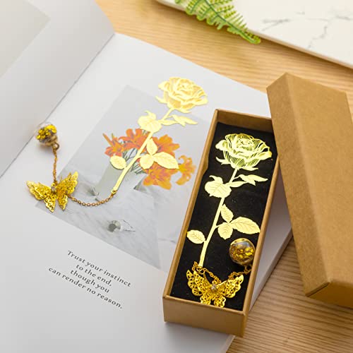 4 Pack Metal Golden Rose Bookmarks Flower Bookmark Cute Bookmarks With 3D Butterfly Pendant Chain And Box Teacher Mom Appreciation Birthday Gifts For Reader Book Lover #TOP6