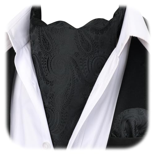 Image of HISDERN Ascot Ties for Men Paisley Floral Ascot and Pocket Square Set Classic Self Tie Mens Cravat Handkerchief for Wedding