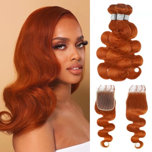 ALHER Ginger Bundles with Closure Body Wave Human Hair, 350 Orange Copper Coloreed Bundles Soft Thick 10A 100% Brazilian Virgin Remy Hair Bundles with (12 14 16 +12) 4x4 Lace Closure