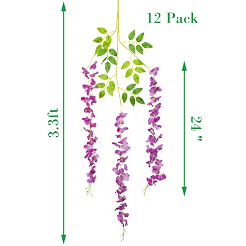 12 Pack Artificial Flowers Silk Wisteria Vine Ratta Hanging Flower (Purple) #TOP1