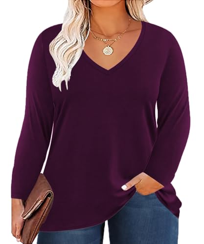 ForHailey レディース プラスサイズ トップス 長袖 Tシャツ Vネック ベーシック レディース ルーズフィット Tシャツ, パープリッシュレッド(purplish red), X-Large Plus（Amazon）
