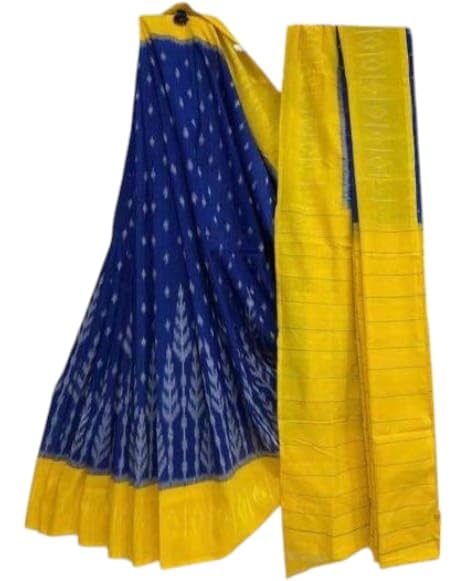 Handicrafts Women's Ikat Hand Block Print Pure Soft mul Cotton Saree with Blouse Piece Blue Yellow-image-28
