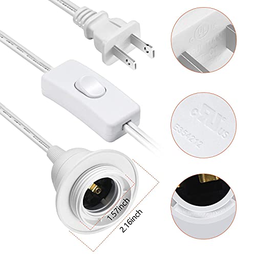 Pendant Light Cord Lamp Kit,Hanging Light Bulb Cord15 Feet UL Listed E26 Pendant Lamp Sockets Cord kit,with On/Off Toggle Switch+Hooks+2 Prong US AC Power Plug for DIY Pendant lamp, 2-Pack,White