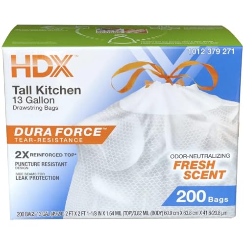 HD-Tall Kitchen trash Drawstring Bags 13 Gallon Dura Force Tear-Resistant Fresh Scent 200 Count