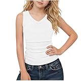 Girls Ribbed Knit Tank Tops V Neck Sleeveless Slim Fit Basic Tees Stretch Summer Camisole Undershirts 5-14 Years White