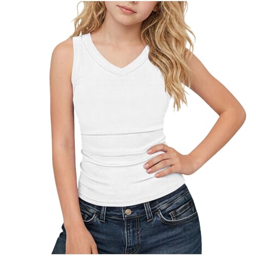 Girls Ribbed Knit Tank Tops V Neck Sleeveless Slim Fit Basic Tees Stretch Summer Camisole Undershirts 5-14 Years White