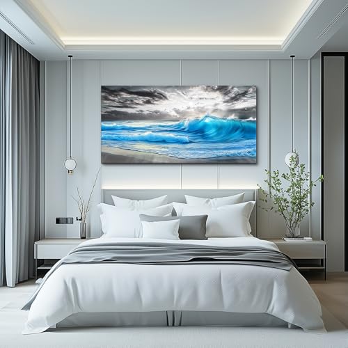 PHAOHUAXM Large Canvas Beach Wall Pictures Artworks Wall Decor For Living Room Canvas Wall Art For Bedroom Office Decorations Blue Sea Wave Ocean Paintings Modern Inspiration Home Decor 30x60 In