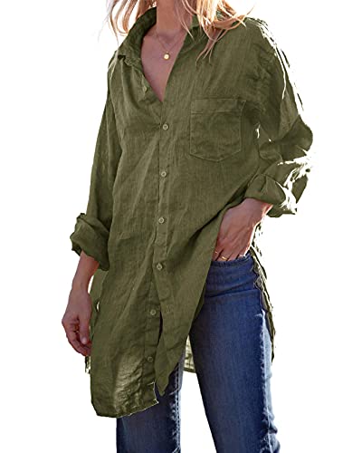 runcati womens button down shirts linen cotton long sleeve blouse tunic tops cover up shirt loose beach bikini dress
