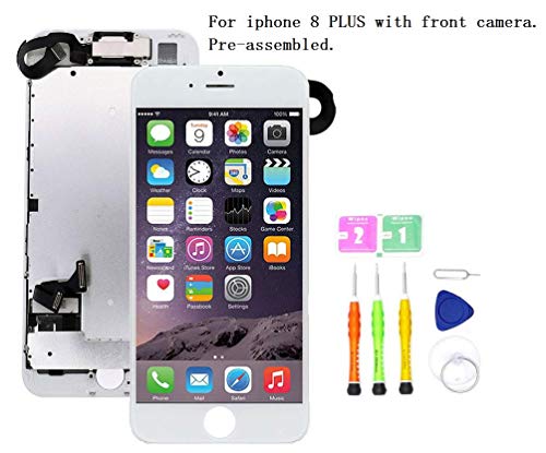 Screen Replacement Compatible with iPhone 8 Plus Full Assembly - LCD 3D Touch Display Digitizer with Front Camera, Ear Speaker and Sensors, Fit Compatible with All iPhone 8 Plus (White)