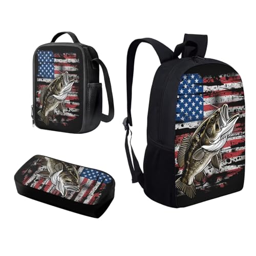 Horeset American Flag & Fish School Bags for Boys 5-16,Backpack with Lunch Box Bag & Pencil Case for Kids Gifts, Casual Set Portable Rucksack for Travel Sports Picnic